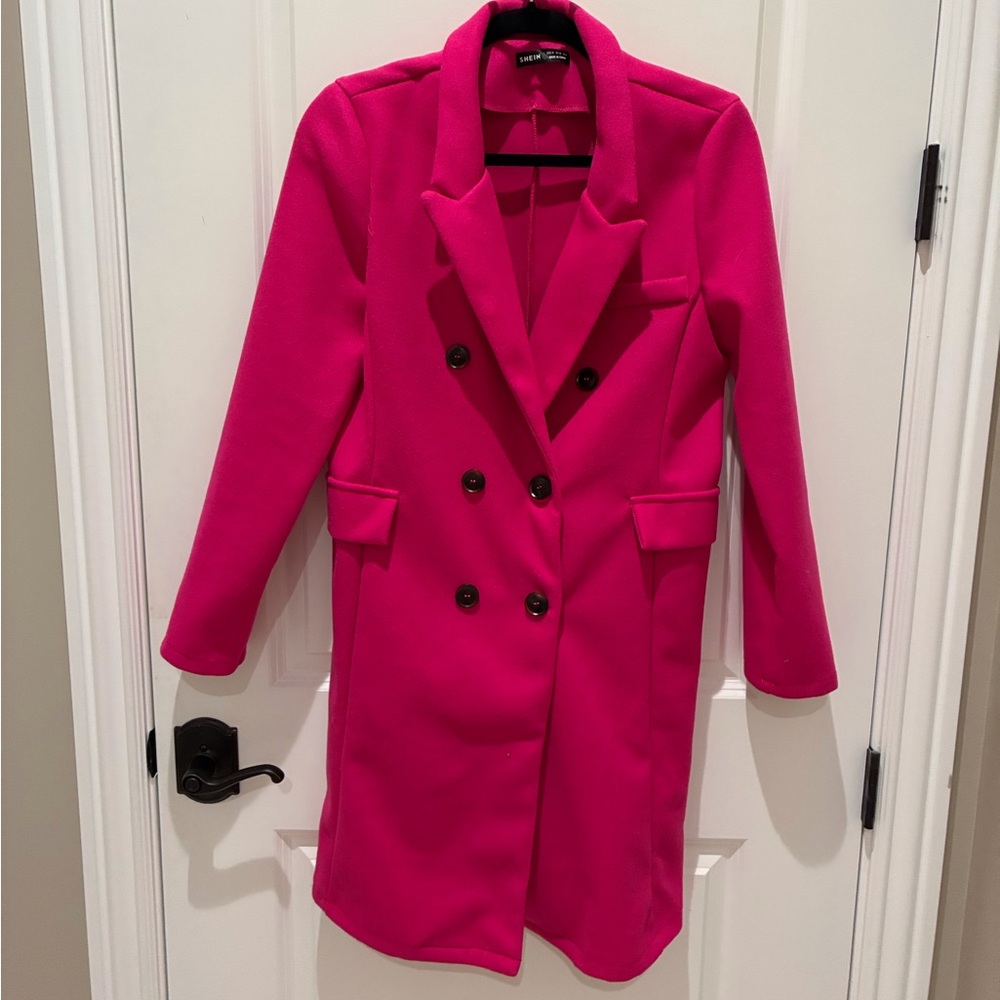 New Hot pink Trench coat  with black buttons.